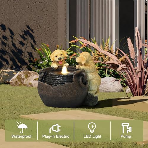 LuxenHome 16 Inch Puppies Resin Outdoor Water Fountain with LED Lights - Image 4