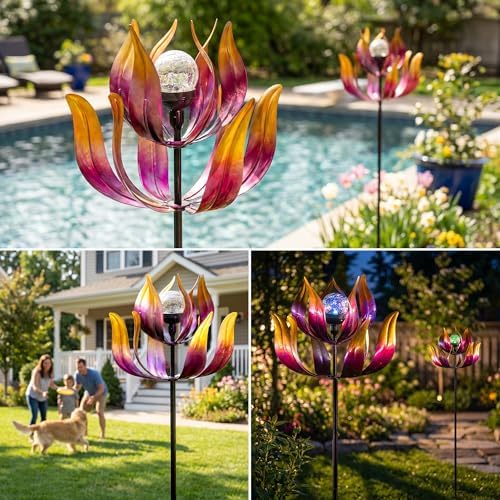 Solar Wind Spinners Outdoor for Yard and Garden, 61'' Lotus Kinetic Wind Sculptures with Color Changing LED Crackle Glass Globe, Metal Yard Art Decor for Patio Lawn, Garden Gifts for Women/Mother - Image 6