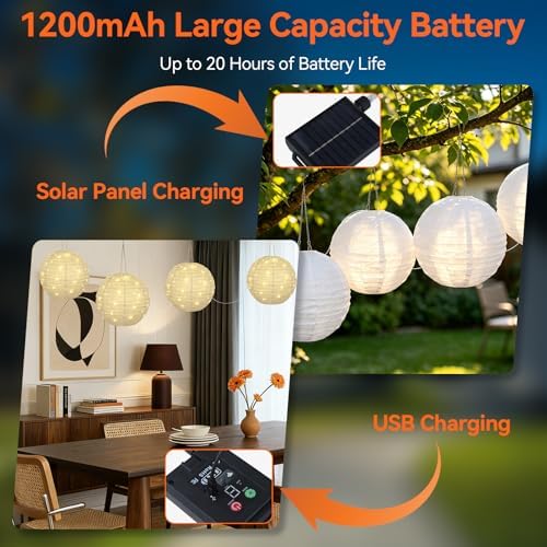 Solar Lantern Outdoor Waterproof 4 Pack 12inch,Upgraded 160LED Hanging Lanterns Lights 8 Modes, Dual Charging (Solar+USB), Solar Garden Light for Patio Tree Yard Decor, Birthday Gifts,Warm White - Image 3