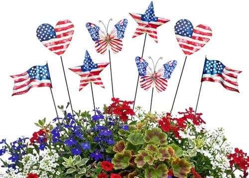 8 Pcs 4th of July Decorations Outdoor,Patriotic Metal Stars Butterflies Hearts Flags Decorative Garden Stakes for Independence Day 250th Anniversary,Americana Yard Signs Decor for Garden Lawn Porch by Yhthoha