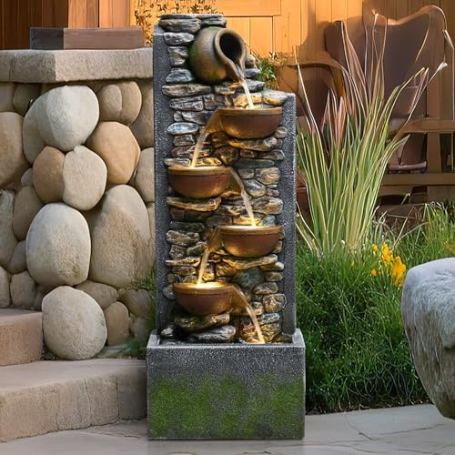 39" Outdoor Garden Water Fountain with Lights, 5 Tiers Water Feature by Desgmomy