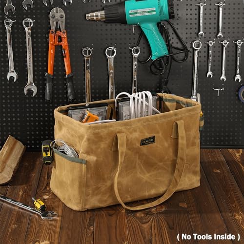 Open Top Tool Bag, Heavy Duty 16oz Waxed Canvas Tool Bag with Inside Pockets & Sturdy Handles - for Gardner Carpenter Craftsman - Tool Tote Bag Pouch | 15"Lx7"Wx10"H | Khaki - Image 6