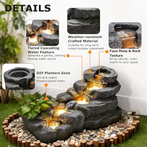 38.2" L Garden Water Fountain Outdoor Waterfall with LED Light - Image 3