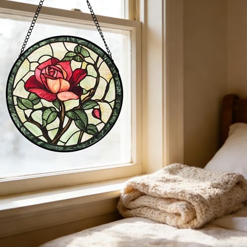 Stained Glass Window Hanging Red Rose Suncatcher Gifts for Women 9.8" - Image 5