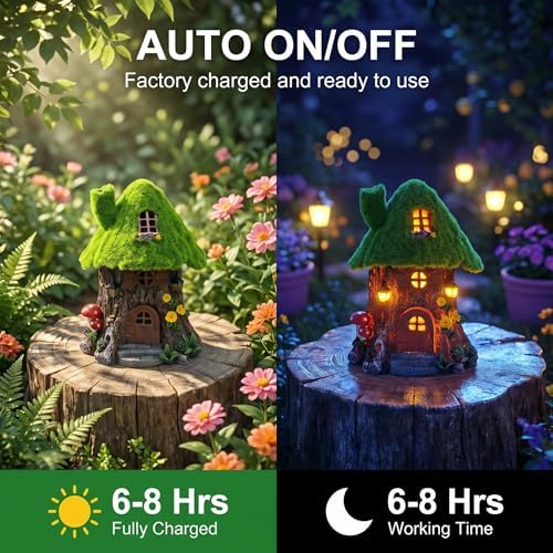 COWOS Fairy Tree House Night Light with LED - Moss Covered Resin Fairy House Miniature Garden Decor, Outdoor Waterproof Statue for Patio Yard Lawn, Gift for Garden Lovers Kids - Image 5