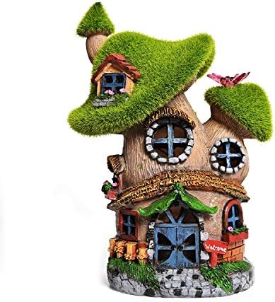 ASAWASA Flocked Mushroom Fairy Garden House with Solar Light,Funny Statue Sculptures for Garden Decor,Exquisite Cottage Figurines for Patio Lawn Yard Gift Decoration by asawasa
