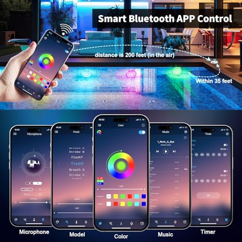 Homly Rechargeable Submersible Pool Lights with Wireless APP Control, Waterproof Underwater Smart LED Lights Controlled Multiple Lighting Modes, 4000mAh Magnets Light for Multi Scene Pool Decoration - Image 4