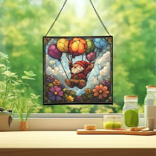 Flower Balloon Lift Gnome Stained Glass Suncatcher – Square Hanging Window Panel for Home or Greenhouse – Whimsical Glass Art Gift for Garden Lovers, Christmas, Halloween, Father Days 6a0pyd - Image 2