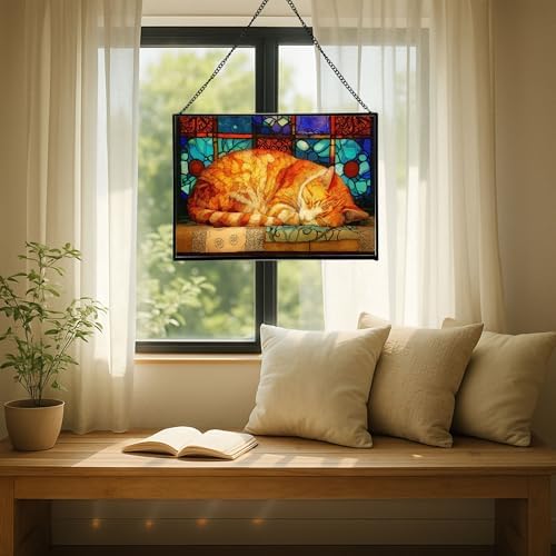 Sleeping Cat Curled in Window Light Rectangular Stained Glass Suncatcher – Hanging Window Panel with Animal & Nature Scene – Vibrant Glass Art Gift for Wildlife, Fantasy, Nature Lovers VzIeu5 - Image 7