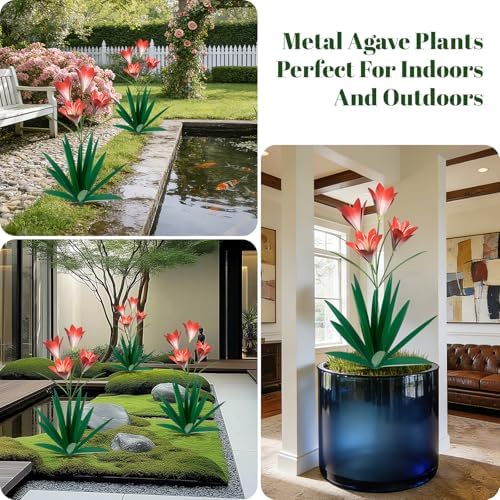 TOMBABY 32.28 Inch Metal Agave Plant Outdoor Decoration Lily Mexican Yard Art Garden Gift Home Decor Hand Painted Metal Agave Garden Yard Statue (2pc, Green) - Image 5