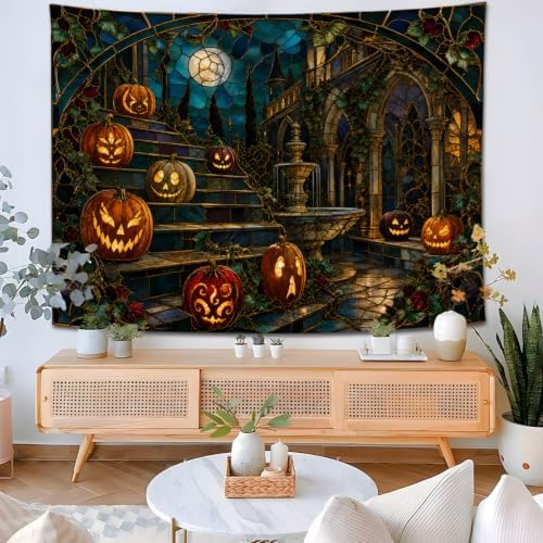 Halloween Pumpkin Tapestry, Gothic Stained Glass Courtyard Decor 70x90inch - Image 5