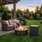 Lume Vale 28" Round Propane Fire Pit Table – 40,000 BTU Outdoor Fire Pit with Lid & Stone Finish, 2-in-1 Patio Heater & Dining Table, CSA Certified (Gray Wood Grain, Fire Pit with Wind Guard&Tank) - Image 2