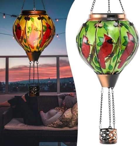 Hot Air Balloon Solar Lantern - Large Cardinal Bird Glass Lantern, Simulated Flickering & Dancing Flame, Big Outdoor Hanging Yard Light Waterproof IP65 for Patio Lawn Porch Decor Gift by Unknown