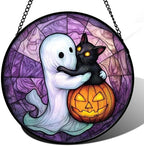 Ghost Cat Pumpkin Purple Stained Glass Window Hanging Suncatcher Gifts 15" by amderven