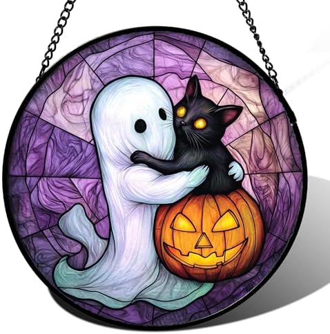 Ghost Cat Pumpkin Purple Stained Glass Window Hanging Suncatcher Gifts 9.8" by amderven