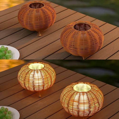JONATHAN Y Kairi 5.75" Faux Rattan Cordless Lantern, Light Brown, Set of 2 - Image 5