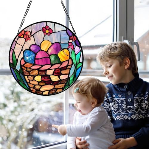 CHATYOUNG Stained Glass Window Hanging Basket Easters Egg Large 15" - Color Suncatcher Door Garden Home Decor and Christmas Mother's Day Birthday Easter Gifts Grandma Mom Nana Women Christians - Image 2