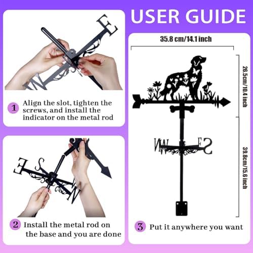 Dog Weathervane Metal Wind Vane Animal Flowers Garden Art Decoration Direction Sign Indicator Stake Mount Ornament for Patio Lawn Farmhouse Yard Roof Outdoor - Image 2