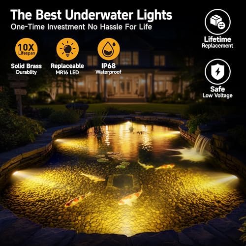Gardenreet Submersible Pond Light - 12V IP68 Waterproof Underwater Light, Solid Brass Housing with 2700K Warm White MR16 Bulb, for Pool Fountain Landscape Outdoor Water Features(1 Pack) - Image 2