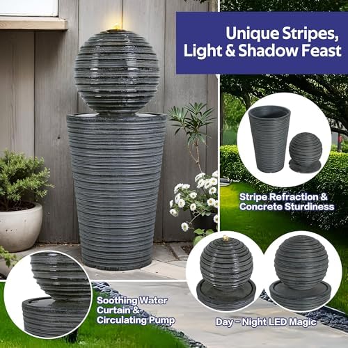 31.5" H Tall Striped Concrete Column Outdoor Fountain with LED Lights, Modern Freestanding Sphere-Top Water Feature for Patio, Garden & Backyard Decor - Image 4