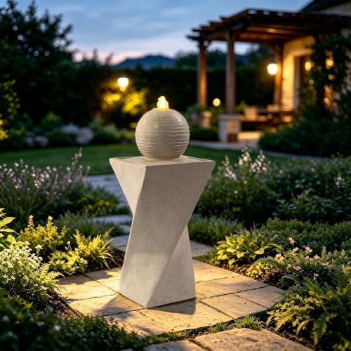 34" Twisted Pillar Water Fountain with Sphere Top, Sand Beige by FammyLoft