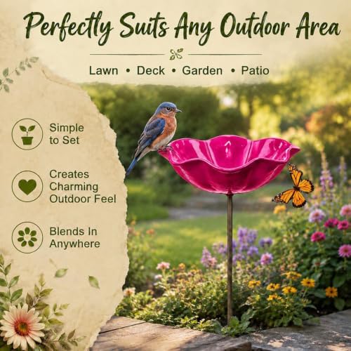 Handmade Metal Flower Bird Bath, Bee & Butterfly Watering Station, Decorative Outdoor Garden Stake with Vibrant Glossy Bowl for Yard Patio Lawn Planter - Image 5
