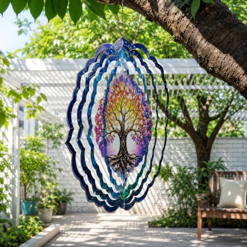 Shwing 12 Inch Wind Spinner Tree of Life Hanging Decor Colorful Spiritual Metal Ornament Outdoor Kinetic Garden Art 3D Wind Spinner for Patio Porch Balcony Backyard Meditation Decoration - Image 5