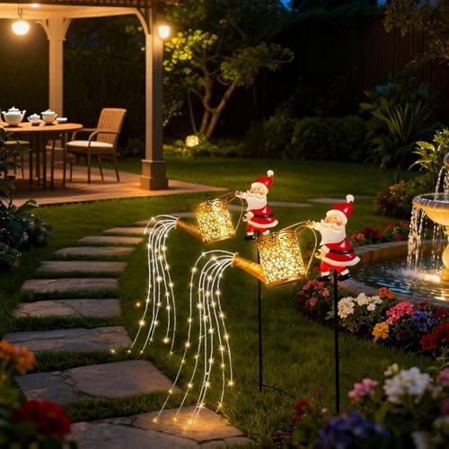 2 Pcs Solar Santa Claus Kettle Lights Santa Claus Watering Can Light Vintage Metal Garden Lawn Decorative Lights Solar Kettle Night Light with LED String Outdoor Garden Decor for Pathway Yard Patio - Image 3
