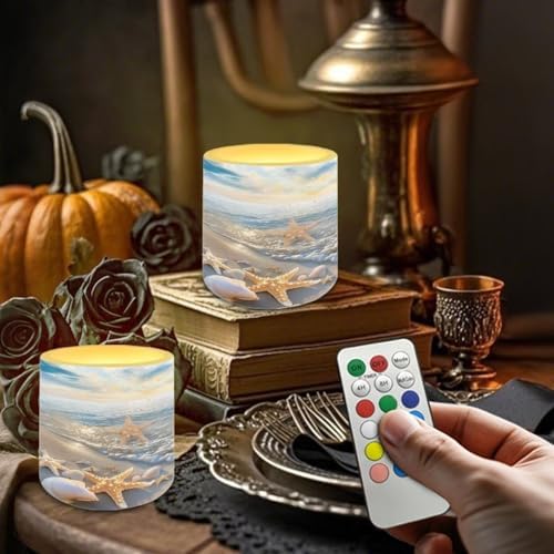 Starfish Shell Beach Pattern 4 Pcs Flickering Flameless Candles with Remote Timer LED Pillar Candle Tealights Long Lasting for Indoor Outdoor Coastal Home Decor - Image 2