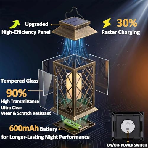 2 Pack 14" Large Tempered Glass Solar Lanterns Outdoor Waterproof, Bronze - Image 5