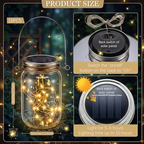 Woanger Solar Mason Jar Lights with Hangers, 20 LED Waterproof, 18 Pack - Image 2