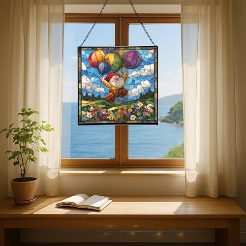 Balloon Flight Gnome Stained Glass Suncatcher – Square Hanging Window Panel for Home or Greenhouse – Whimsical Glass Art Gift for Garden Lovers, Christmas, Halloween, Father Days NzyS2A - Image 6