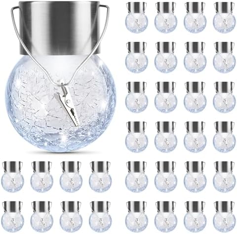 PARTPHONER 32 Pack Hanging Solar Lights Outdoor, Waterproof Solar Globe Lantern with Handle and Clip, Decorative Cracked Glass Ball Lights for Christmas Decor, Tree, Yard, Garden, Patio (Cold White) by PARTPHONER