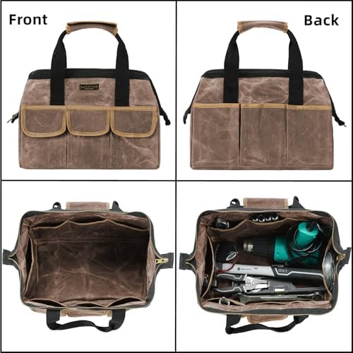 Tool Bag, Durable 16oz Waxed Canvas Wide Mouth Water-Resistant Electrician Tool Bag, Tool Tote with Handle for Tools, Wrenches, Screwdrivers (15 X 7.8 X 11.5 Inch) | Grey - Image 4