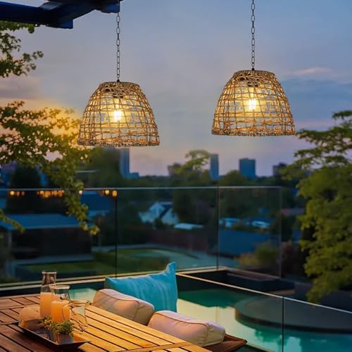 Rattan Solar Hanging Lantern, Outdoor Waterproof Chandelier Light - Image 5