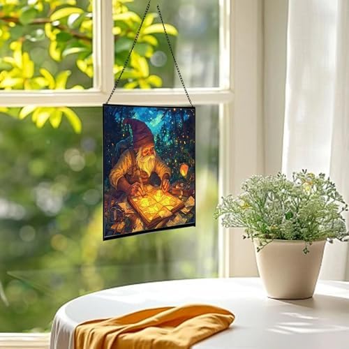 Gnome Lantern Maker Stained Glass Suncatcher – Square Hanging Window Panel for Home or Greenhouse – Whimsical Glass Art Gift for Garden Lovers, Christmas, Halloween, Father Days uAB6Sj - Image 3