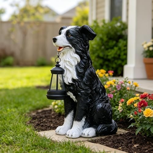 COWOS Solar Border Collie Dog Statue with Lantern, Resin Outdoor Garden Decor, Solar Powered LED Dog Sculpture for Patio Porch Yard - Image 3