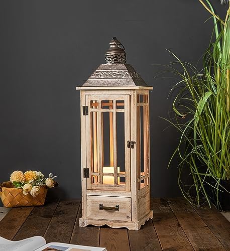 TIMRIS Large Rustic Wooden Metal Decorative Lantern Set of 2, Modern Farmhouse Floor Candle Lanterns with Drawer, Indoor/Outdoor Hanging Lanterns for Home Decor (No Glass) - Image 4
