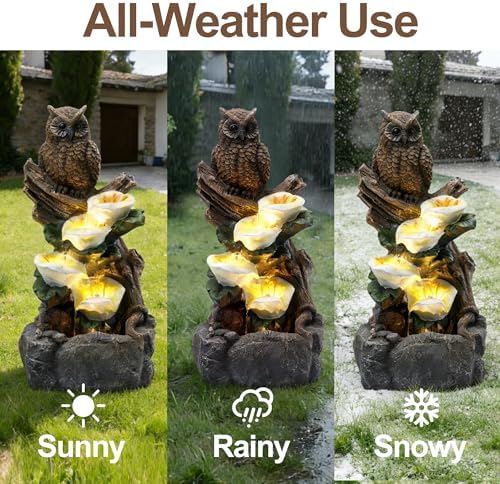 28" Outdoor Water Fountain with Led Lights, 4-Tiered Owl & Calla Lil Water Fountain, Outdoor Garden Waterfall Decor for Garden, Patio, Courtyard - Image 4