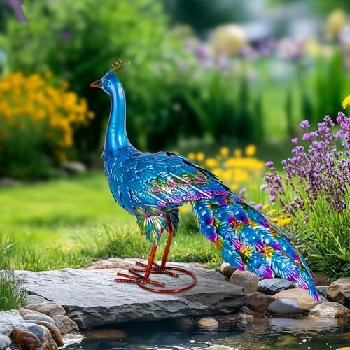 Peacock Yard Art Garden Decor Metal Peacock Outdoor Statue & Sculpture for Patio Lawn Backyard Decorations Vibrant Multicolor, Blue - Image 6