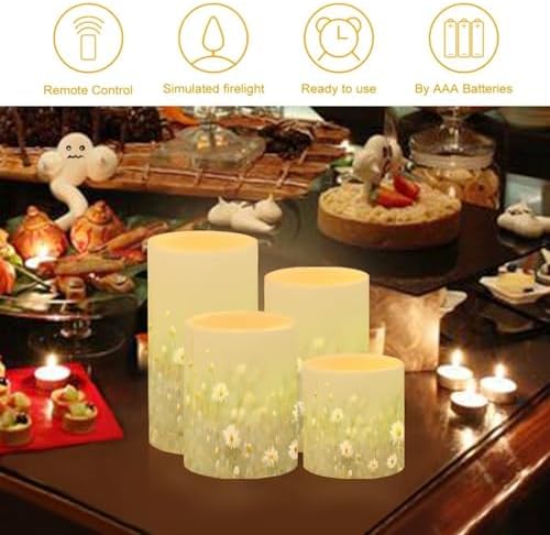 Flameless Candles Battery Powered LED Pillar Candles Tealights with Remote Timer Color Changing Control for Indoor Outdoor Home Tabletop Decoration Set of 4, Daisy Floral Green - Image 3