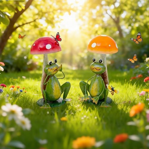 15.3" Metal Frog Garden Statue Set of 2, Handcrafted Mushroom Decor by Ultym