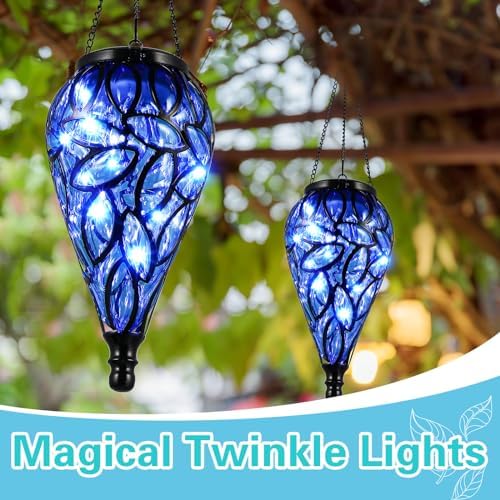 Tujoe 2 Pack Solar Hanging Lanterns Outdoor Lights, Blue - Image 4