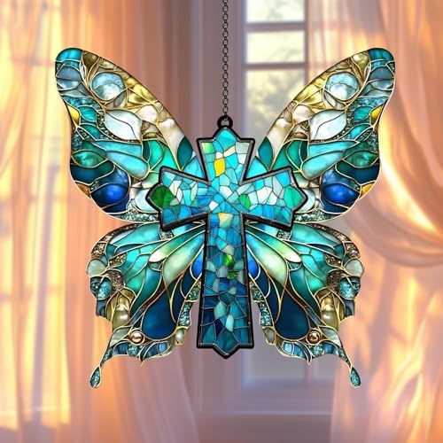 Jesus Cross Acrylic Suncatcher Size 12 inches, Boho Stained Glass Effect Window Hanging Ornament, Garden Decor, Gift for Mother's Day by XISZYS