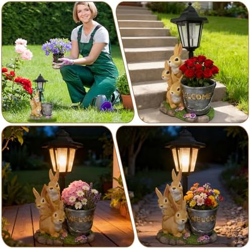 Outdoor Rabbit Garden Statues with Solar Lantern Flowerpot- Bunny Figurine Rabbit Decor for Home Lawn,Balcony Yard Art Garden Patio Decor,Unique Housewarming Birthday Gifts for Women Mom - Image 6