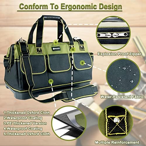20inch Tool Bag for Men Women Heavy Duty with Waterproof Molded Base Large Tool Bag, Wide Mouth Tool Tote, Artisan Carpenter Electricians Tool Bags,Adjustable Shoulder Strap Organizer - Image 6
