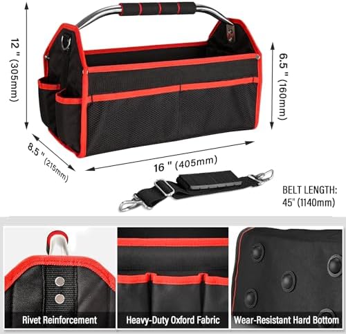 HAUTMEC 16" Foldable Tool Tote Bag, Open Top Tool Bag with Stiff Frame, 16-Pockets Electrician Tool Bag with Padded Steel Handle, Shoulder Strap & Water-Resistant Hard Base – TB0002 - Image 2