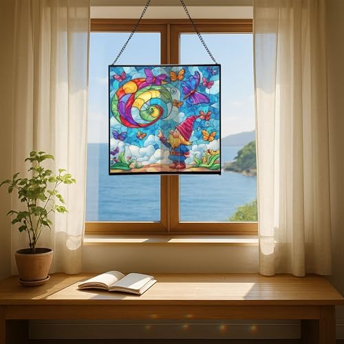 Gnome with Butterfly Friends Stained Glass Suncatcher – Square Hanging Window Panel for Home or Greenhouse – Whimsical Glass Art Gift for Garden Lovers, Christmas, Halloween, Father Days QXO4Ef - Image 6