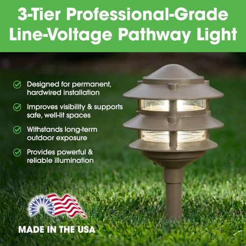 Greenfield Weatherproof Line-Voltage (120V) 3-Tier LED Outdoor Pathway Light – Permanent Outside Light for Walkway, Driveway & Landscaping – Professional Grade & Made in USA – Bronze - Image 2