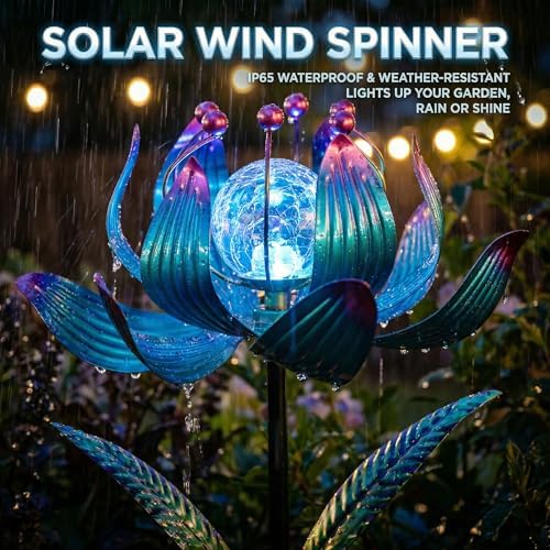 38 Inch Solar Wind Spinner Outdoor, Kinetic Lotus Yard Art with Glass Light - Image 4